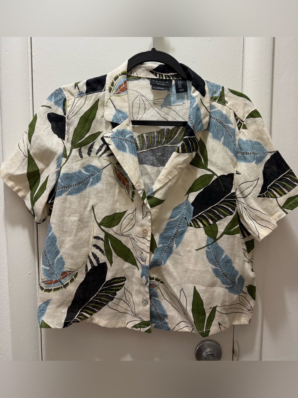 Tahari Linen Blend Short-Sleeve Button Front Shirt in Cream, Blue, Green, Black